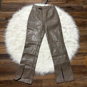 Papermoon Faux Brown Leather Pants with Split Hem size Small New With Tags